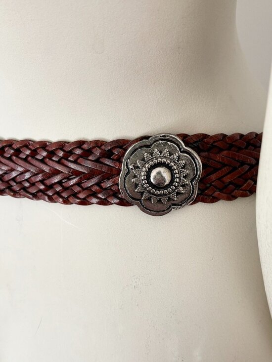 CAPEZIO Woven Leather Belt Flower Medallions Silver Buckle Western Boho  SZ M/L main image 9